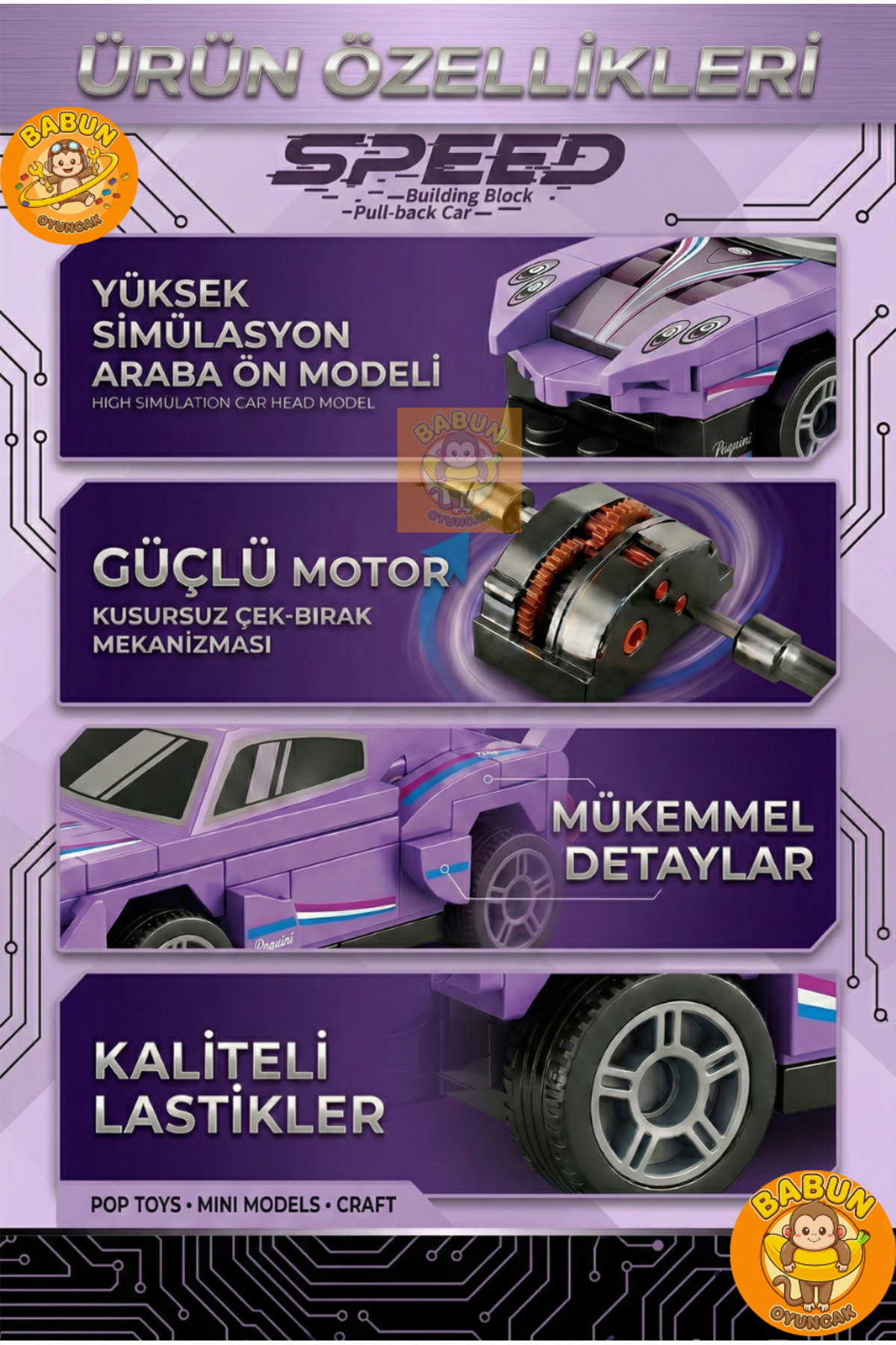 SPEED Bricks Mini Lego Araba Yapı Blok Seti - Çek-Bırak Spor Araba Yapım Seti -Speed Mor (70 Parça) fotoğrafı 3 (önizleme)
