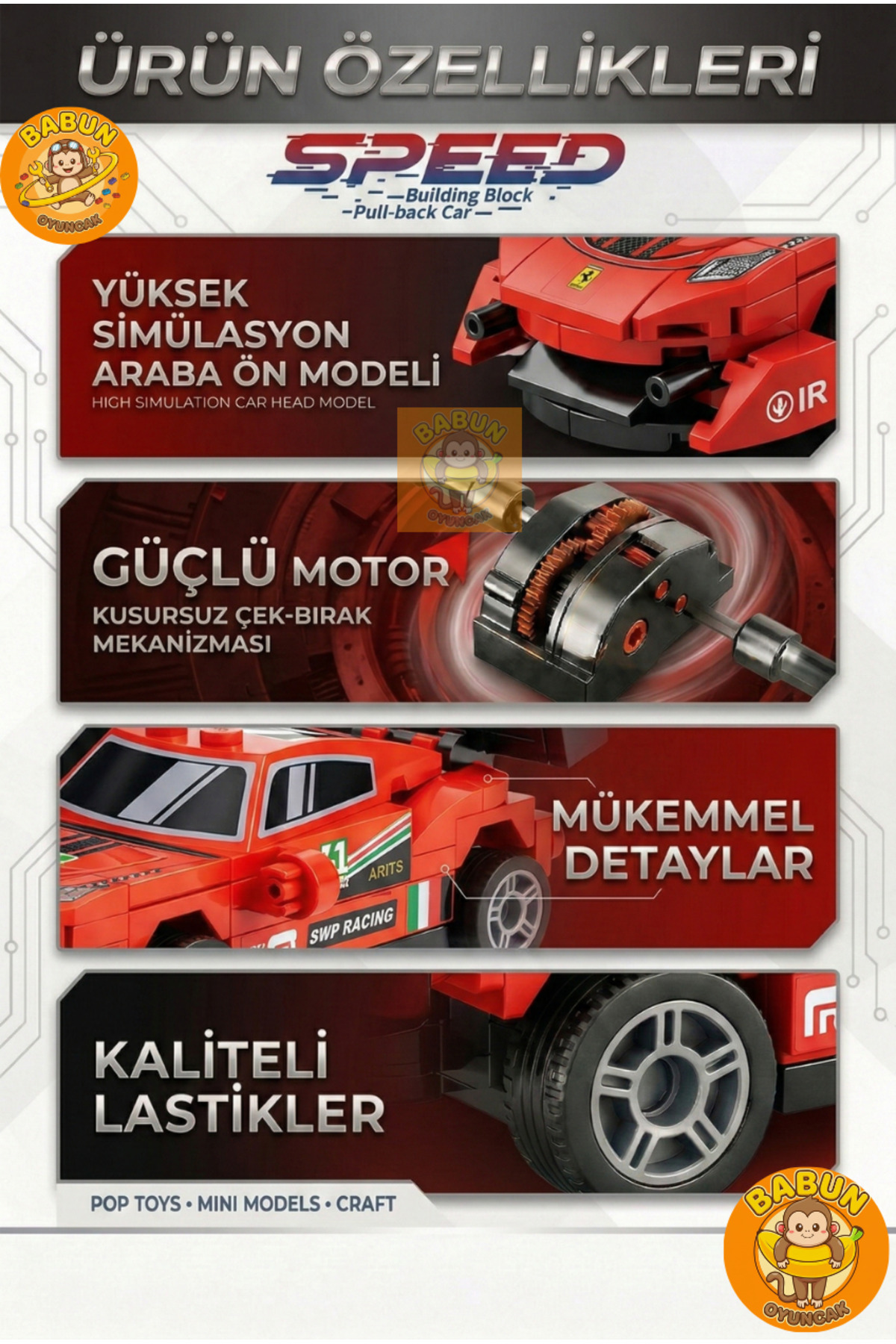 SPEED Bricks Mini Lego Araba Yapı Blok Seti - Çek-Bırak Spor Araba Yapım Seti -Speed Kırmızı (69 Parça) fotoğrafı 3 (önizleme)
