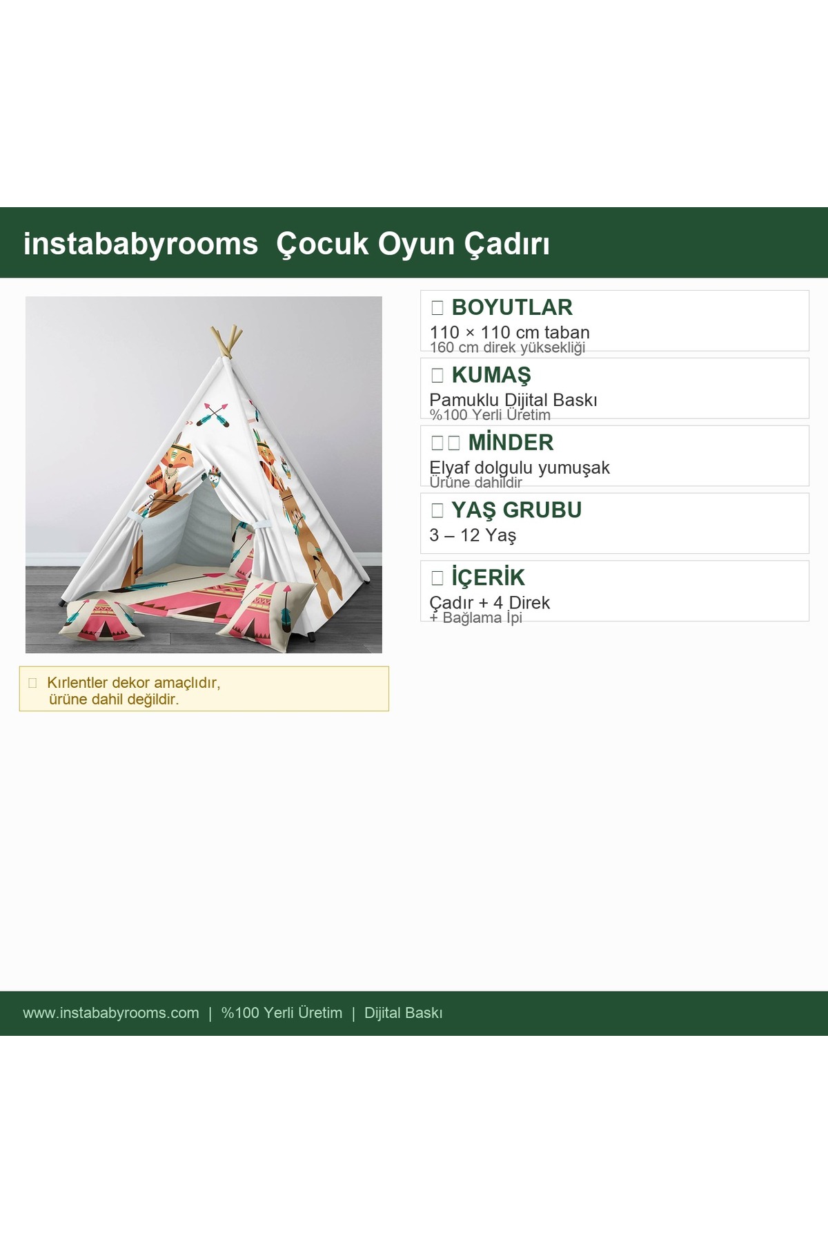 instababyrooms Çocuk Oyun Çadırı Kızılderili Orman Hayvanları Dijital Baskılı fotoğrafı 4 (önizleme)