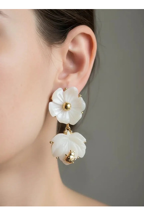 BadeBodrum Çelik Küpe Gold Uğur Böcekli Beyaz Yaprak