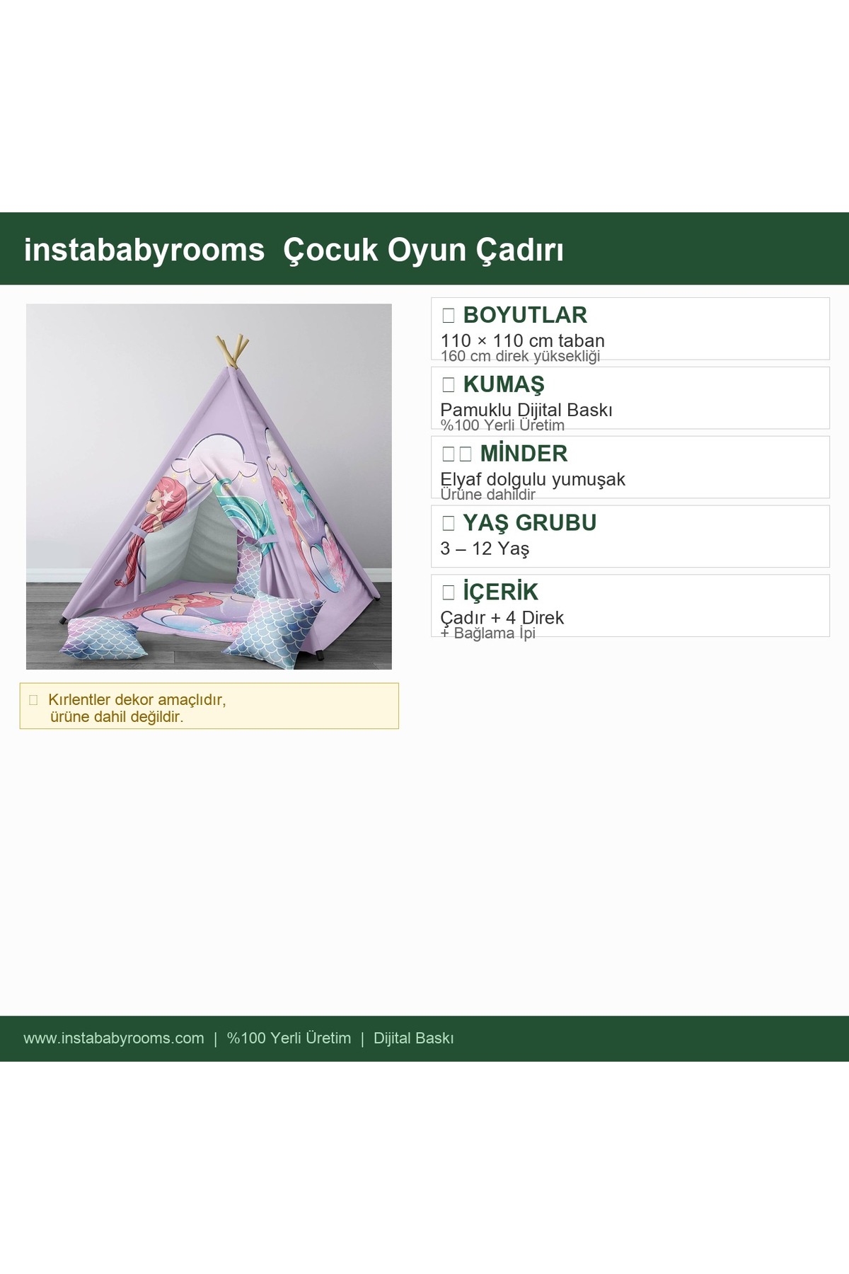 instababyrooms Çocuk Oyun Çadırı Deniz Kızı Dijital Baskılı fotoğrafı 4 (önizleme)