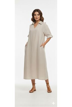 Cb Made In Italy %100 İtalyan Keteni Polo V Yaka Rahat Kalıp Maxi Boy Elbise ...