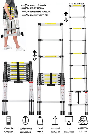 TEKNETSTORE Alüminyum Katlanır Merdiven 2.6 Metre 9 Basamak