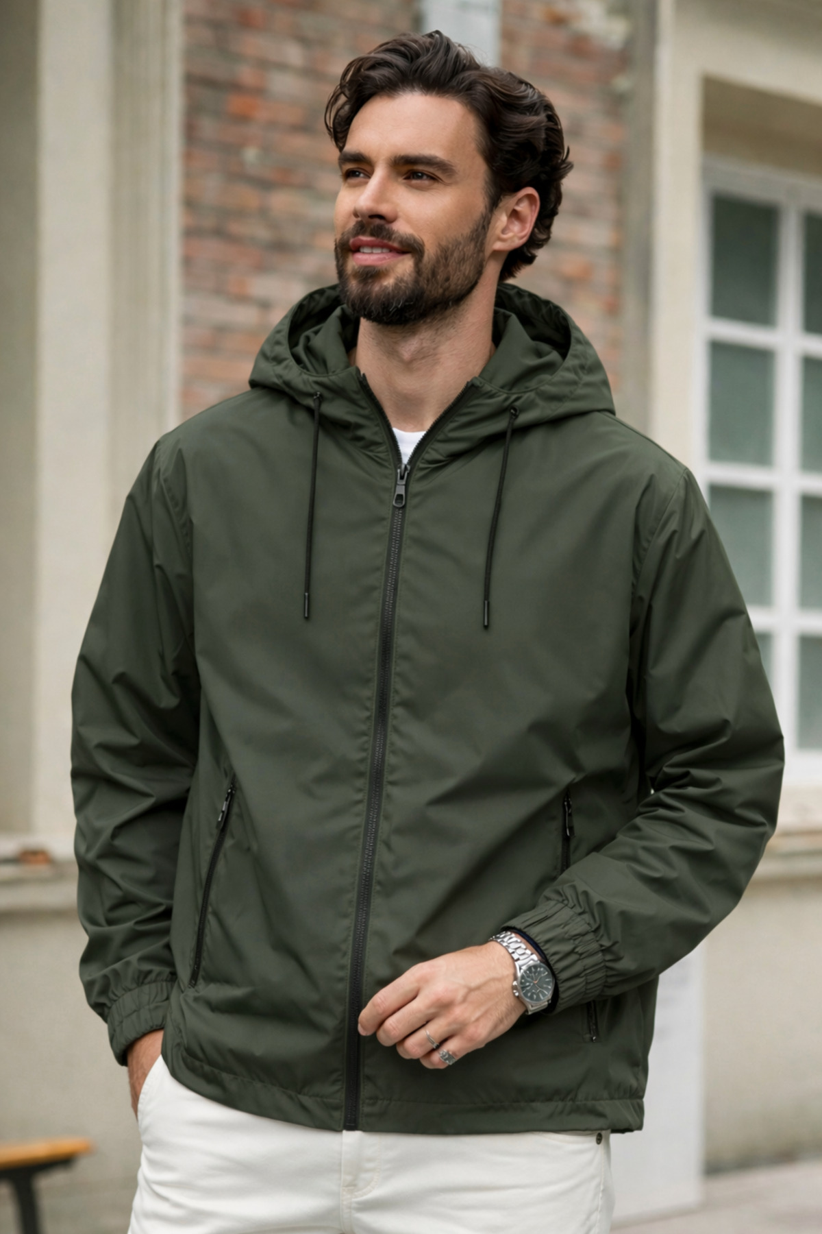 DAMGA JEANS  Erkek Trend Haki Fermuarlı Yağmurluk