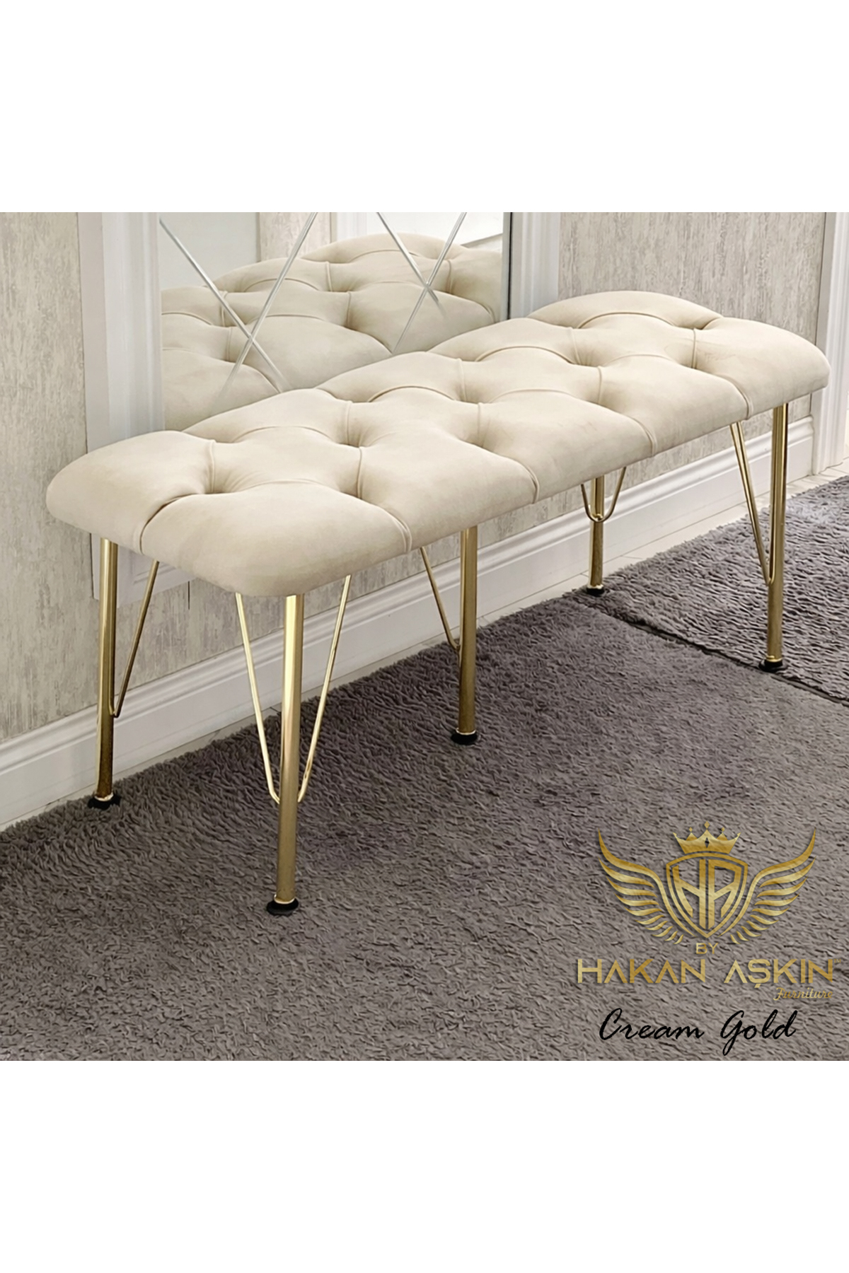 38x100 Cm Cream Babyface Puff & Bench with Gold Metal Legs