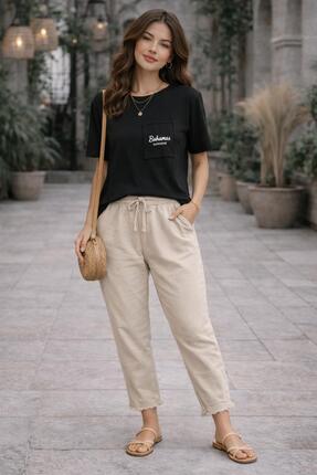 Myzen Kadın Krem Renk Beli Lastikli Bağcıklı Paça Püsküllü Gabardin Havuç Pan...