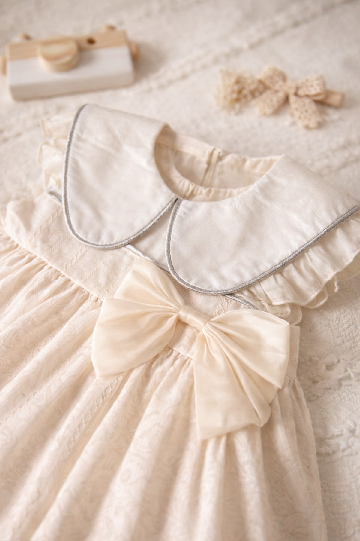 Noy Noy Kız Bebek Tokalı Fiyonklu Yakalı Şık Bej Elbise fotoğrafı 5 (önizleme)