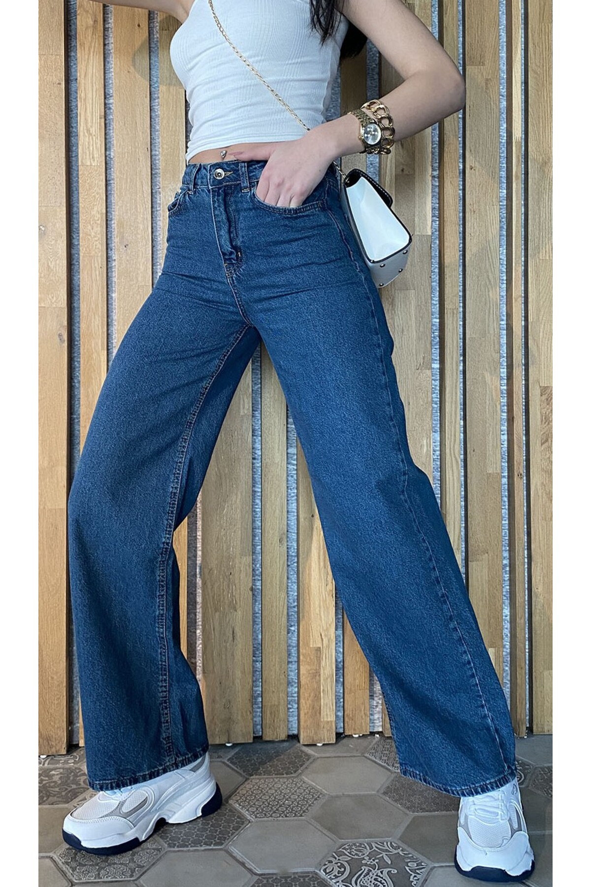 Women's High Waist Dark Blue Loose Palazzo Pants Lycra Denim Jeans.