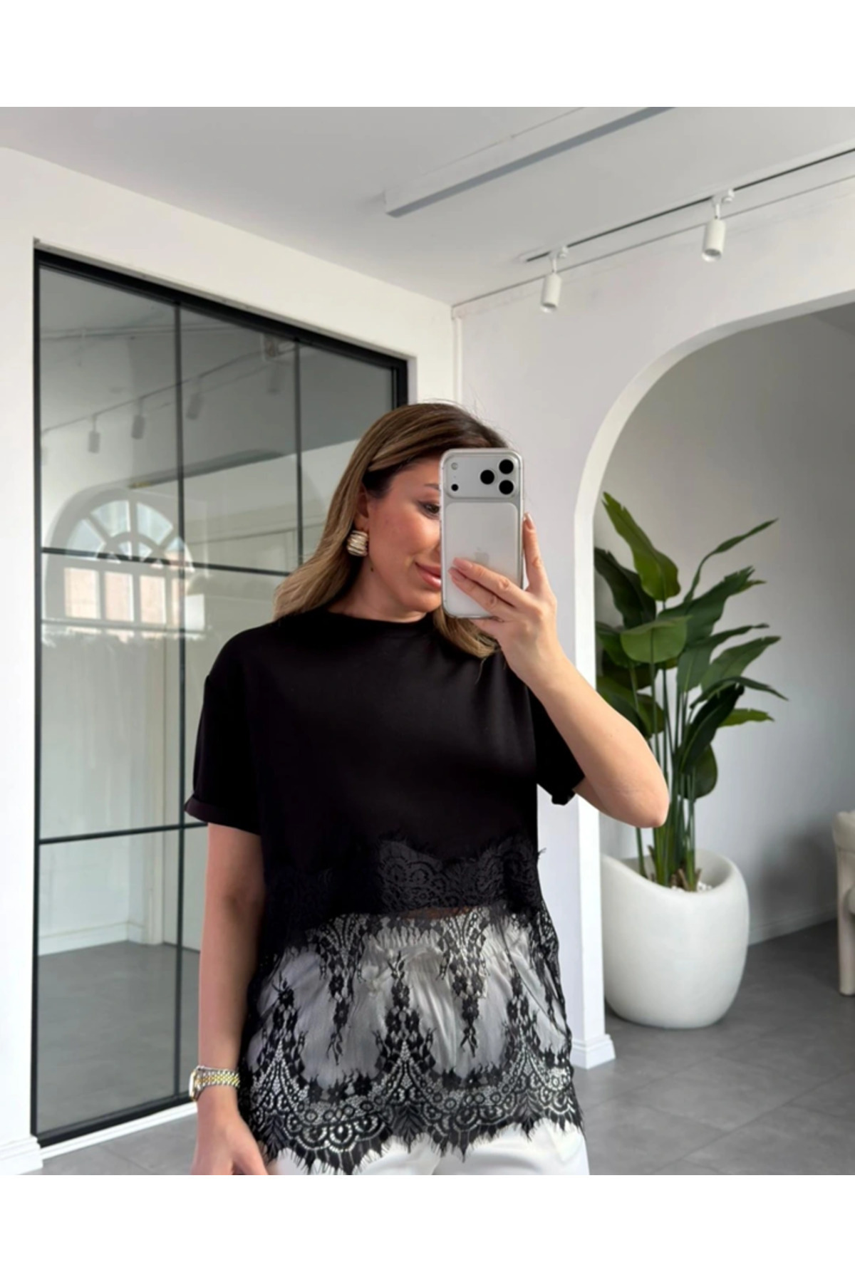 Women's Underarm Lace Detailed Modern Comfortable Cut Custom Design Blouse-T Shirt