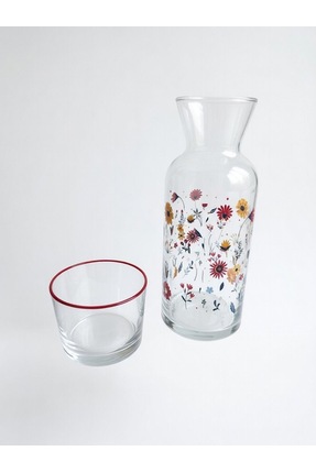 NO BREND Çiçek Desenli Cam Başucu Sürahi Seti - Bardaklı Başucu Takımı
