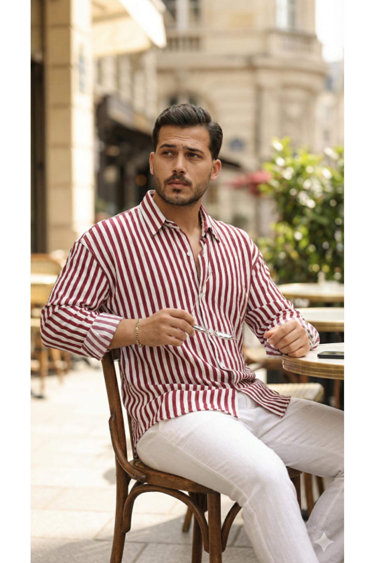 GETFAY Erkek Dikey Çizgili Yarım Oversize Gömlek-A.bordo fotoğrafı 4 (önizleme)