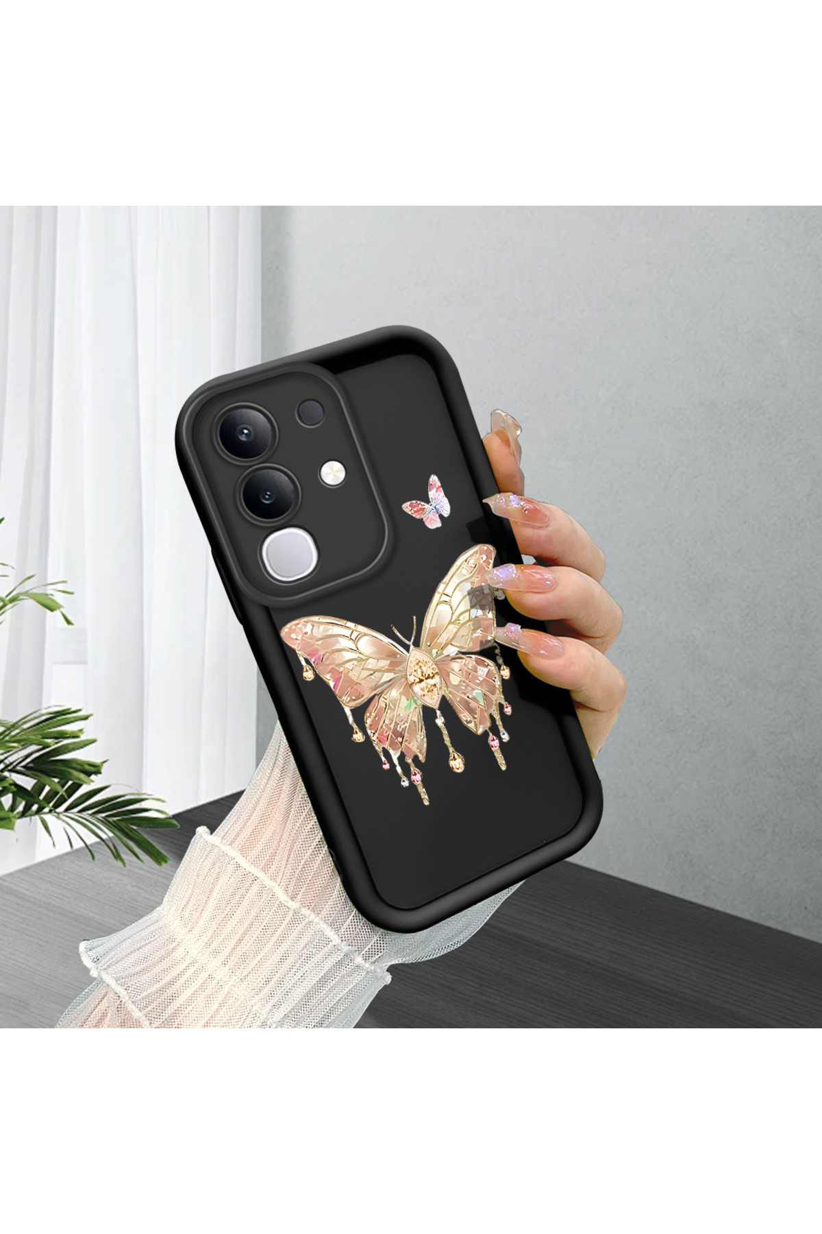 Vivo Y29 4G Compatible Black Silicone Case Shockproof Camera Shielded Butterfly Pattern
