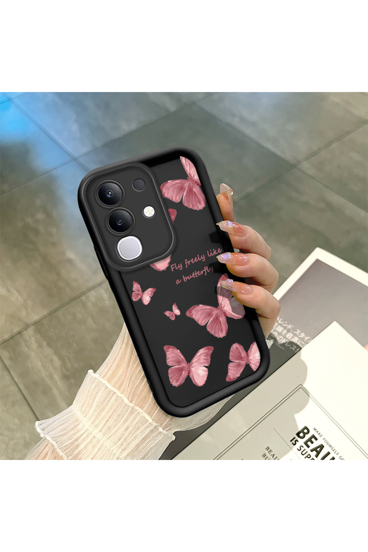 Vivo Y29 4G Compatible Black Silicone Case Shockproof Camera Shielded Butterfly Pattern