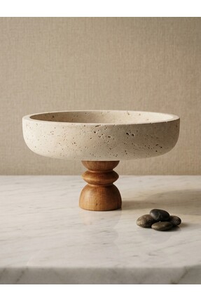 FARALYAHOME Doğal Traverten Ahşap Ayaklı Kase 25x5 CM Chintika Model Sunum Ka...