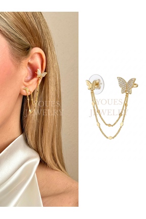 YOUES JEWELRY Kelebek 14K Altın Renk Zincir Detaylı Ear Cuff Kadın Küpe 1 ADET