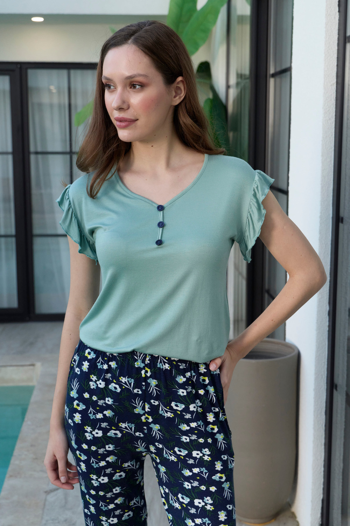 Mint Green Ring Viscose Short Sleeve Capri Pajamas Set