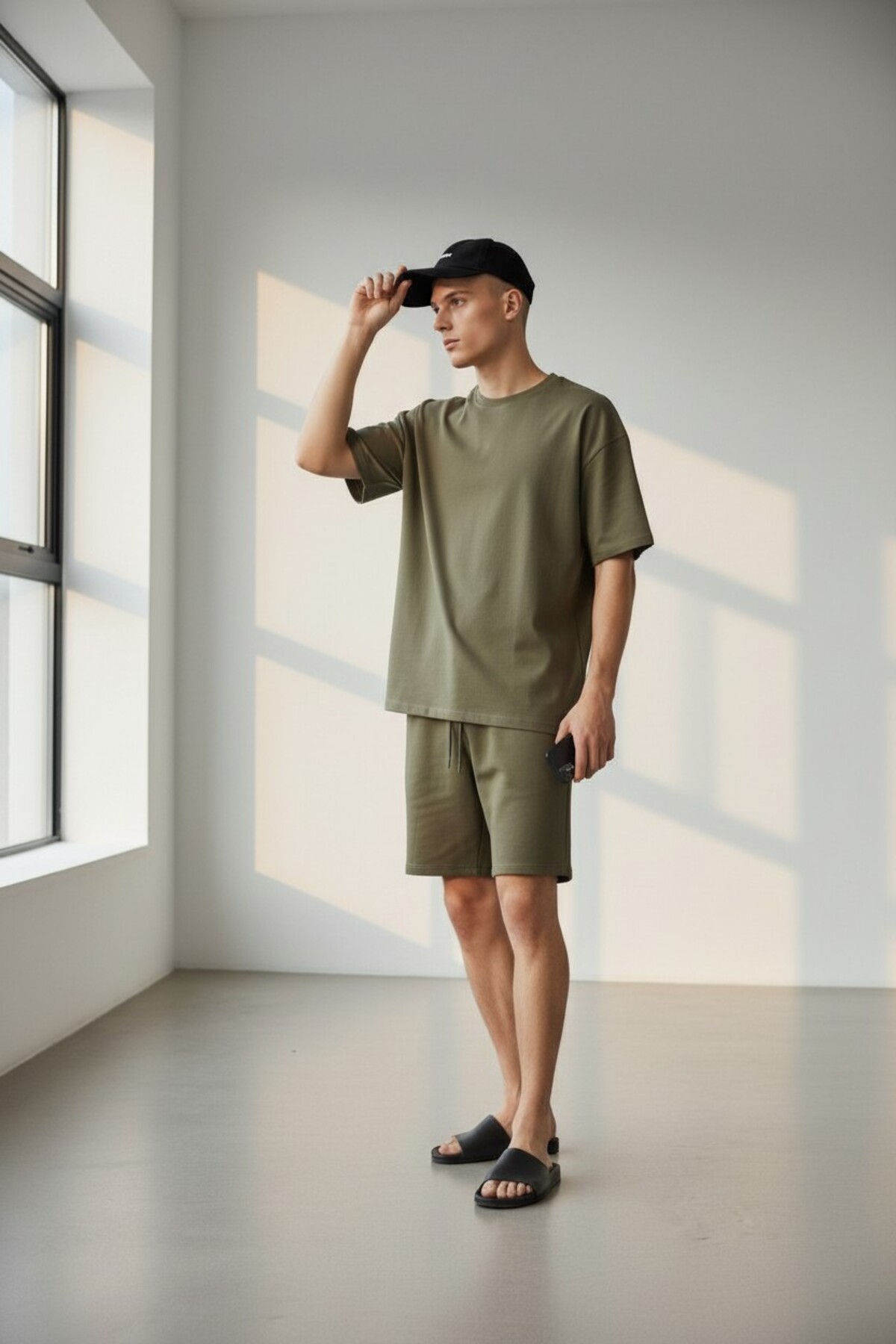 Erkek Haki Basic Şortlu Eşofman Takımı — سبز ALTAMİRAŞORTTSHIRTBASİCTAKIM — تصویر 2 از 3