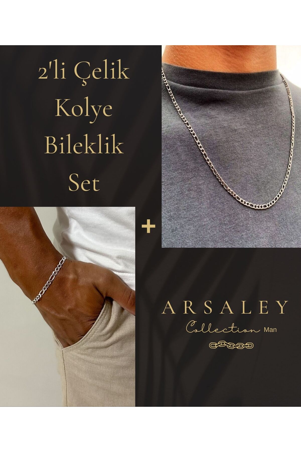 Çelik Zincir Gümüş Renk Erkek Kolye Ve Bileklik 2'li Set