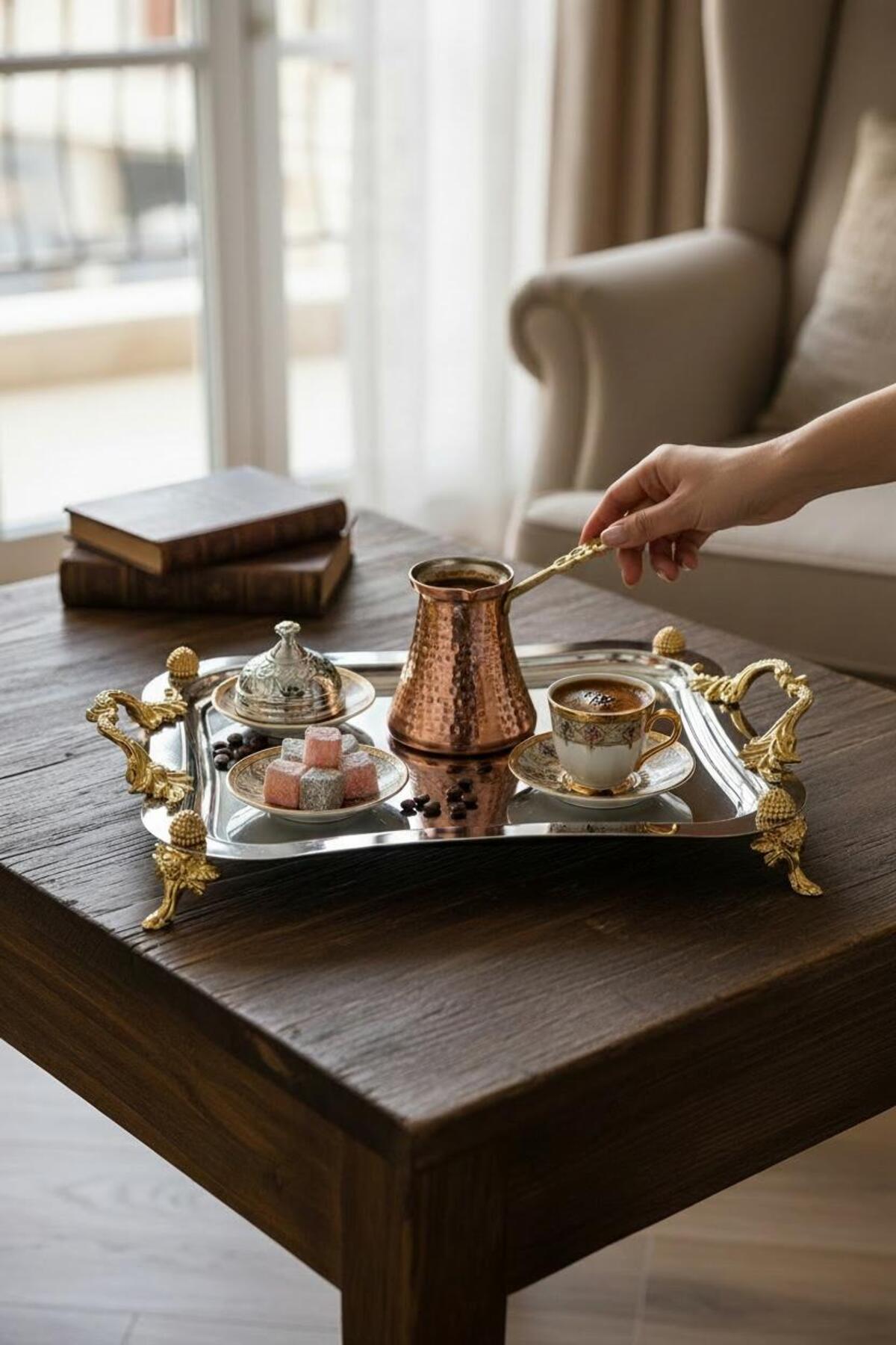 Varak Detaylı Aynalı Ayaklı Kare Tepsi | Dekoratif Sunum ve Servis Tepsisi Gümüş