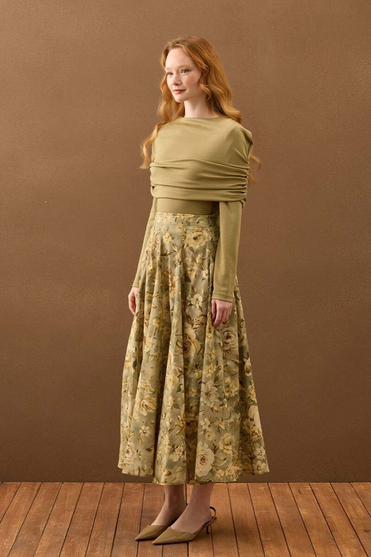 ceylan otantik  Haki Gül Desenli Parçalı Etek - Görsel 3