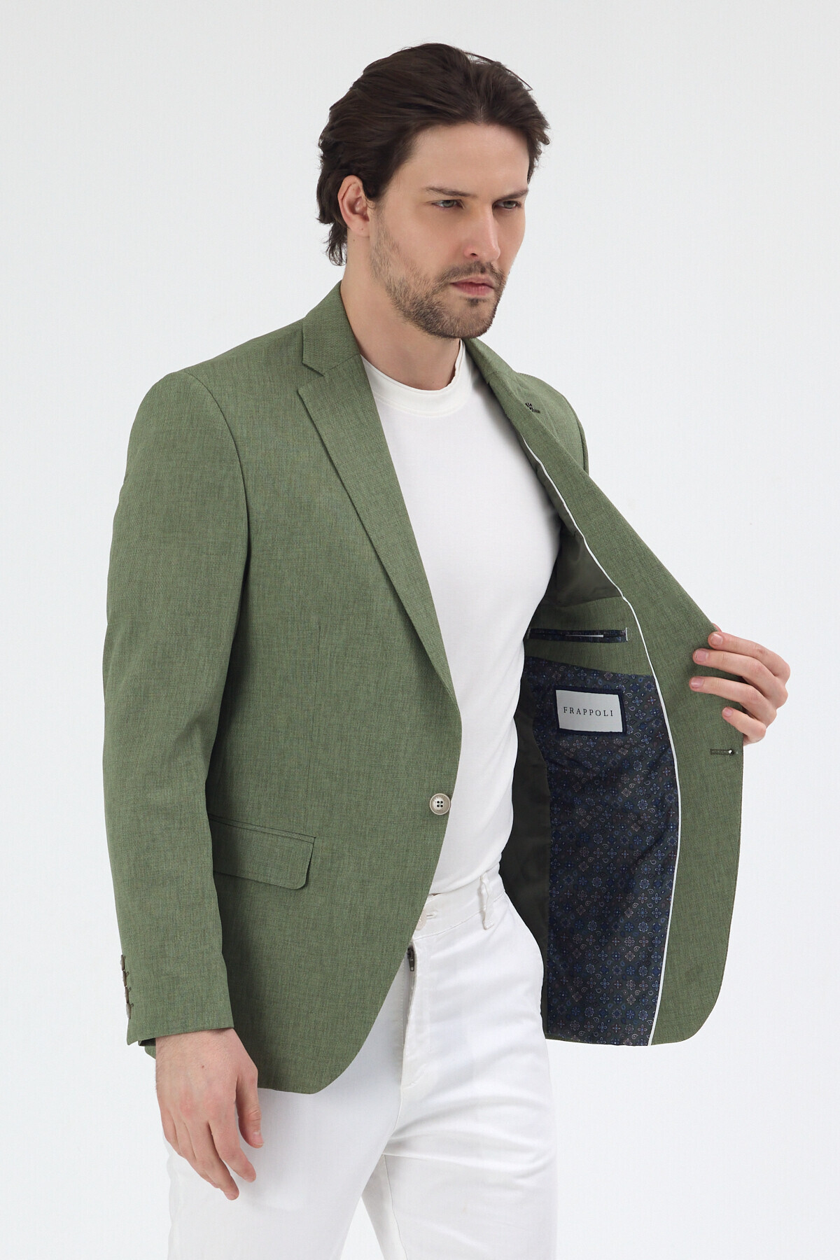 Frappoli  Arunte Erkek Yeşil Keten Görünümlü Ince Dört Mevsim Giyilebilir Slim Fit Blazer Ceket - Görsel 5