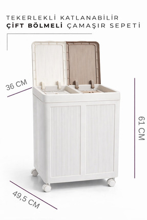 SURFACE HOME TEKERLEKLİ ÇİFT BÖLMELİ ÇAMAŞIR SEPETİ (Beyaz- Kahverengi)