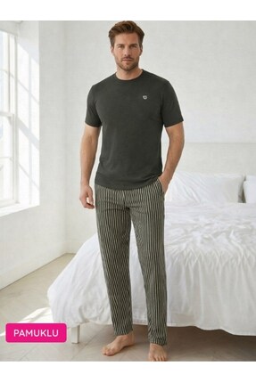 GUAVA+ Erkek Haki Yeşili Düğmesiz Bisiklet Yaka Çizgili Jakarlı Pamuk Likra K...