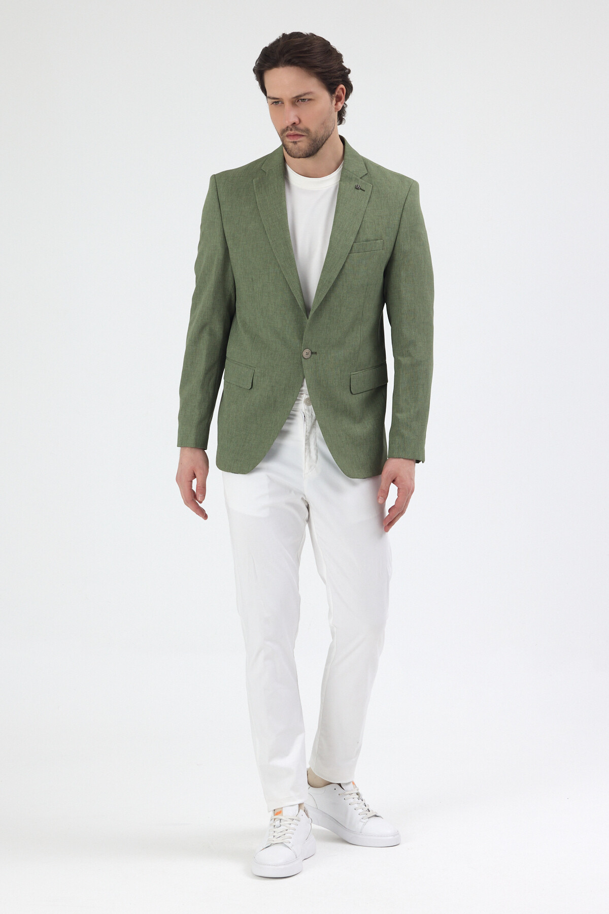 Frappoli  Arunte Erkek Yeşil Keten Görünümlü Ince Dört Mevsim Giyilebilir Slim Fit Blazer Ceket - Görsel 7
