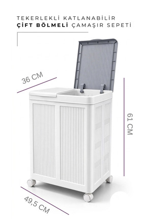 SURFACE HOME TEKERLEKLİ ÇİFT BÖLMELİ ÇAMAŞIR SEPETİ (Beyaz- Gri)