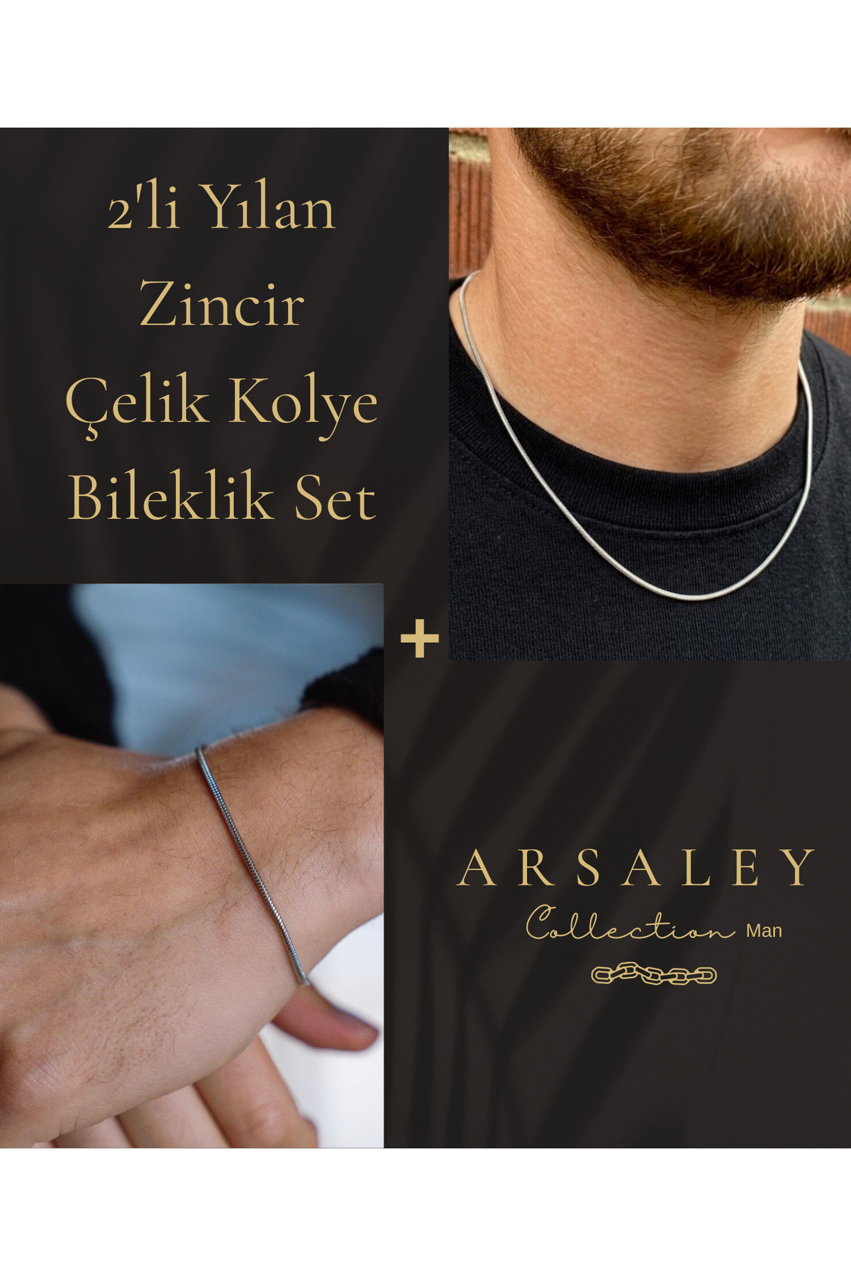 Çelik Yılan Zincir Gümüş Renk Erkek Kolye Ve Bileklik 2'li Set