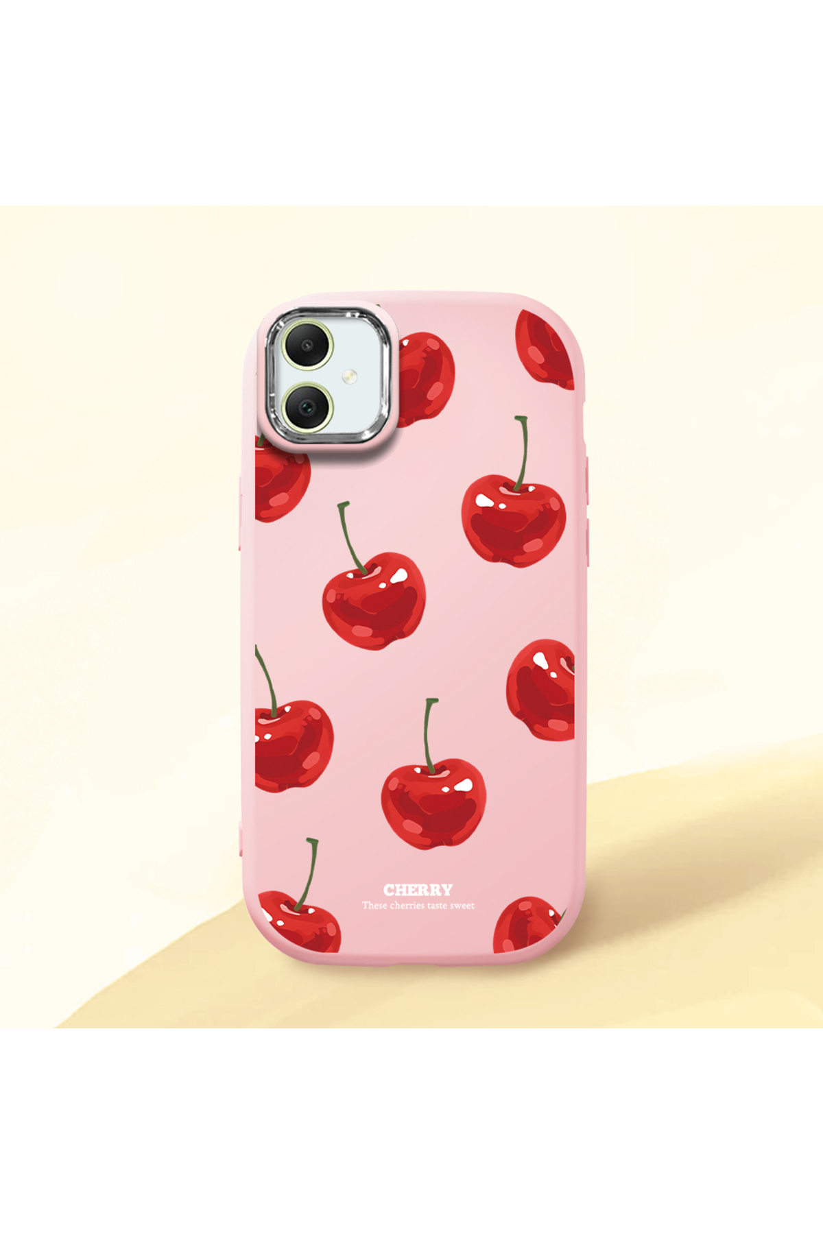 Samsung Galaxy A05 Compatible Shockproof Camera Shielded Pink Silicone Case with Cherry Pattern