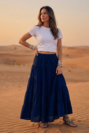 The Champ Clothing Kadın Elastik Belli Panelli Midi Etek Lacivert – %100 Visk...