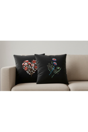 harmony factory 2'li Nakışlı Kırlent Kılıfı Çiçek Demeti Yusufçuk Siyah Kadif...