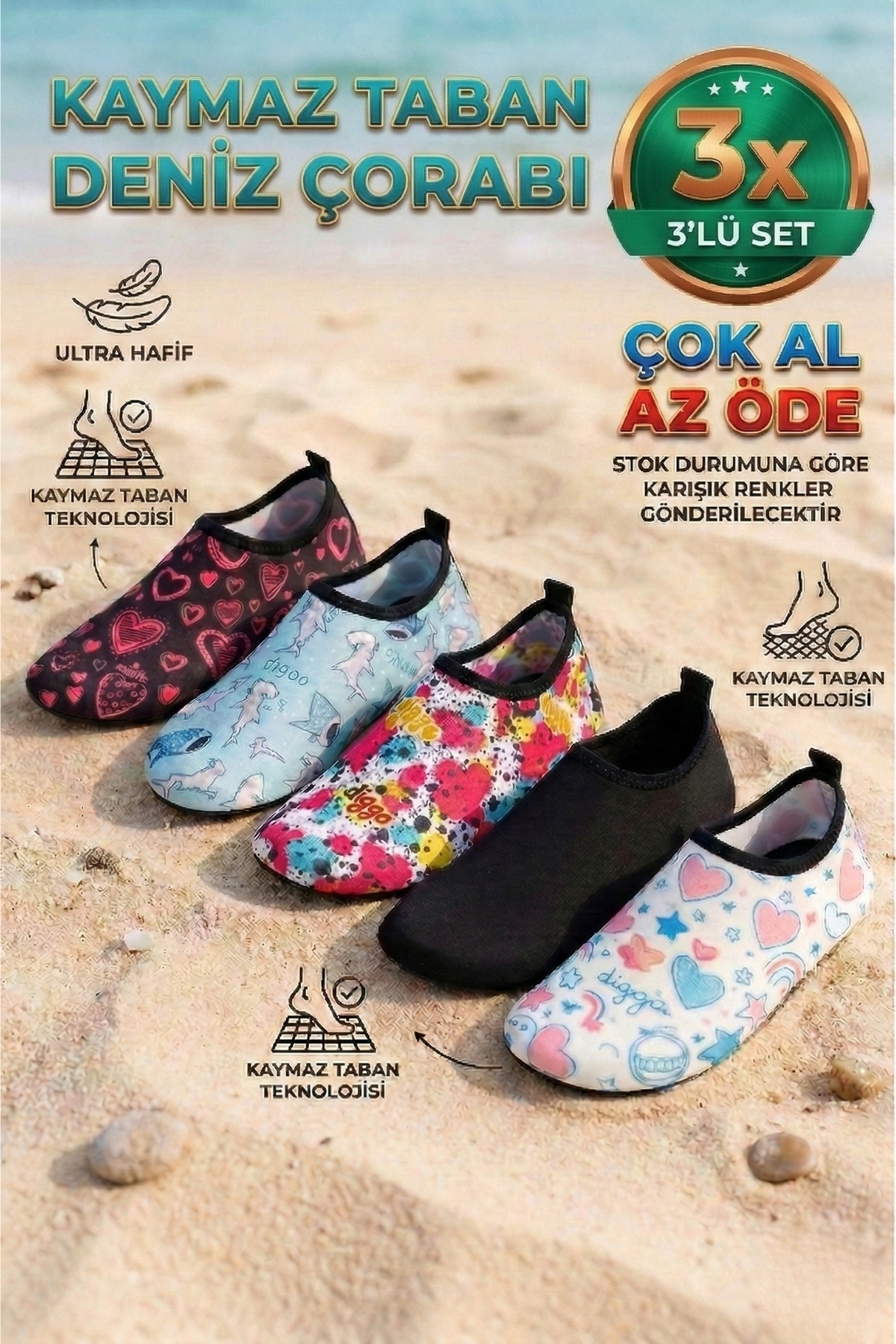 DİGGO 3lü Kaymaz Taban Deniz ve Havuz Ayakkabısı