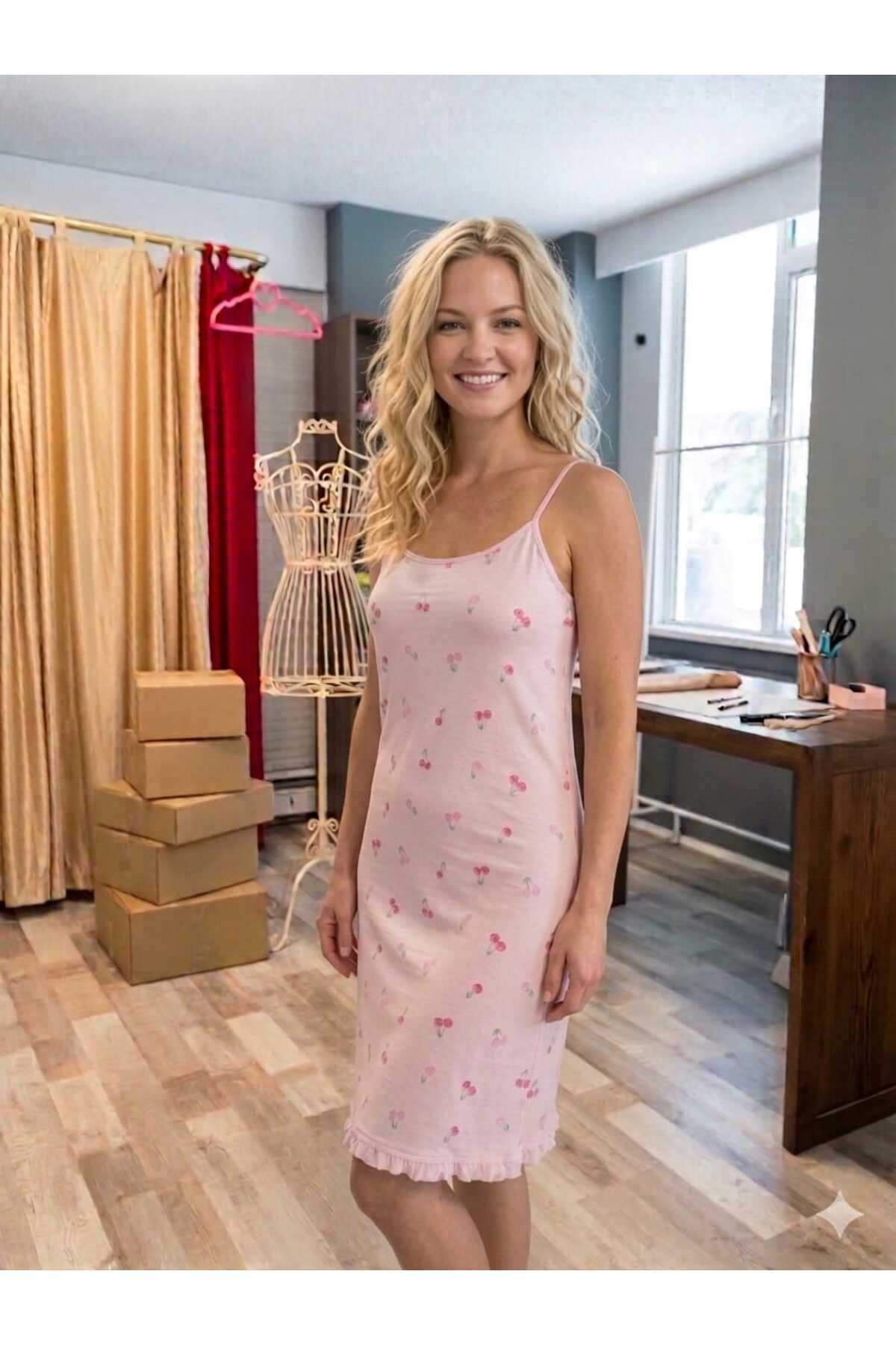 Hope Vişne Desenli Pembe Gecelik (%100 pamuk)