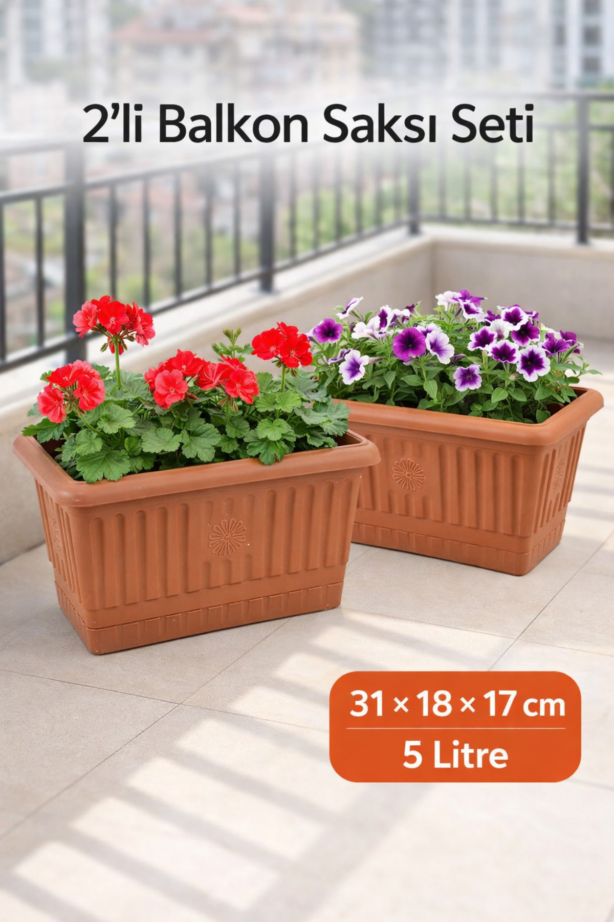 2 x 31cm Balcony Pot 5lt Brown Terracotta Plastic AH090