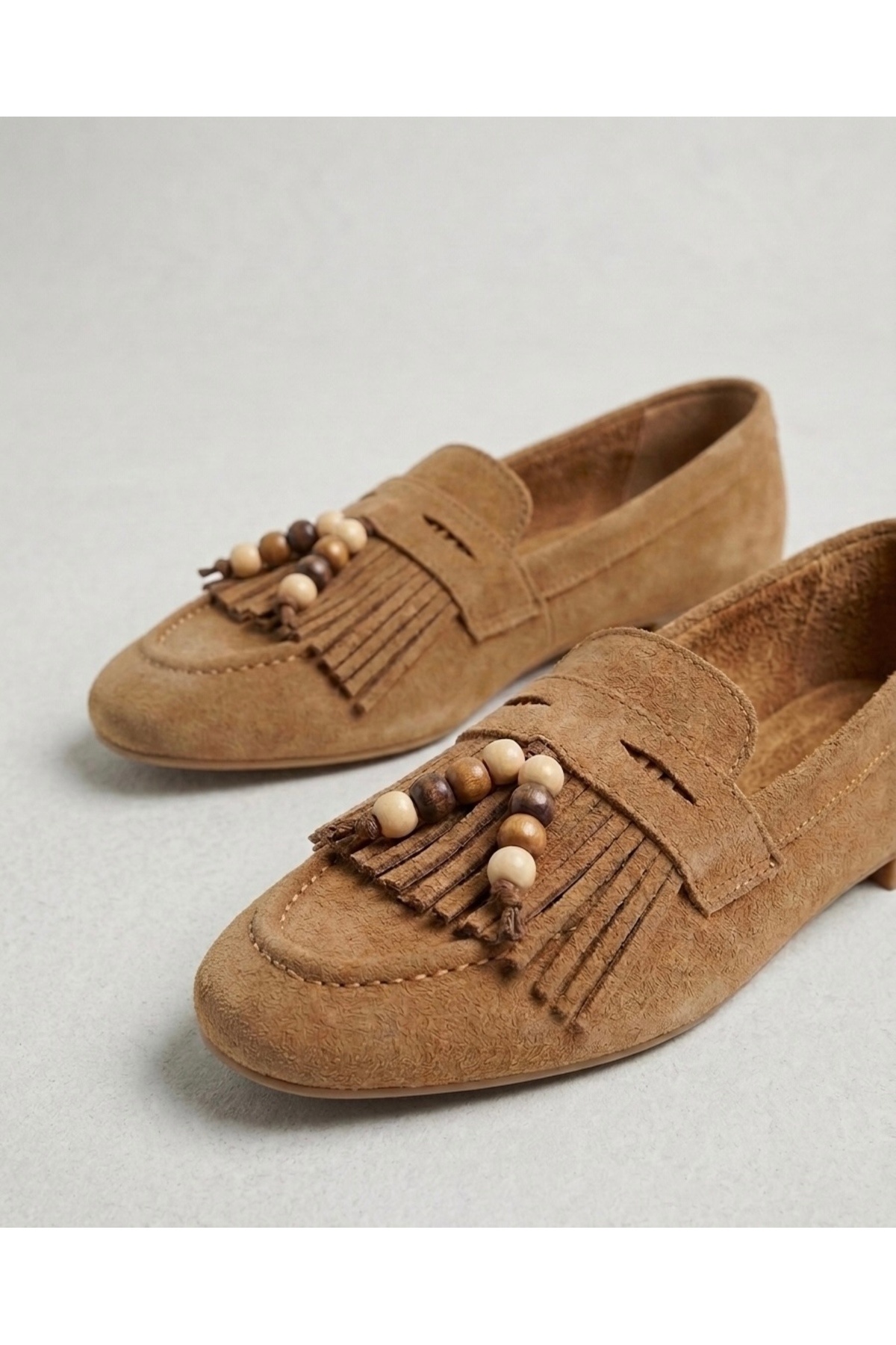 Genel Markalar Bead Loafer Kadın Hardal Püsküllü Boncuk Detaylı Süet Babet Ayakkabı görsel 4
