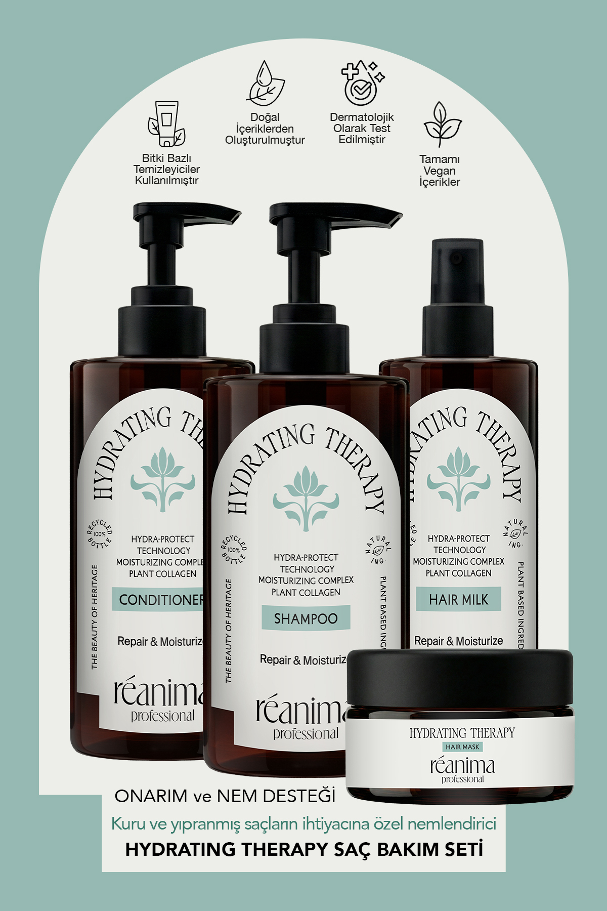 Reanima Hydrating Therapy Onarıcı Şampuan Saç Kremi Nemlendirici Maske Durulanmayan Saç Sütü Dörtlü Set — HYD-THR-SET