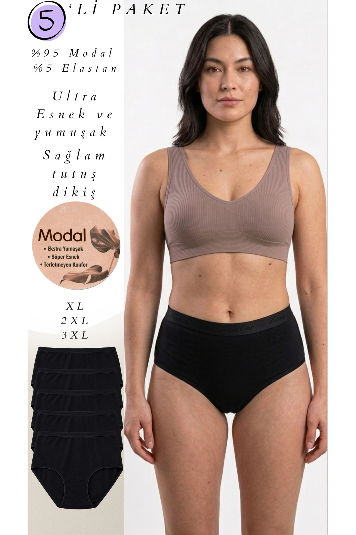 UN REAL  Kadın Büyük Beden Külot 5’li Set Modal Kumaş Nefes Alan Yumuşak Esnek Rahat İç Çamaşırı