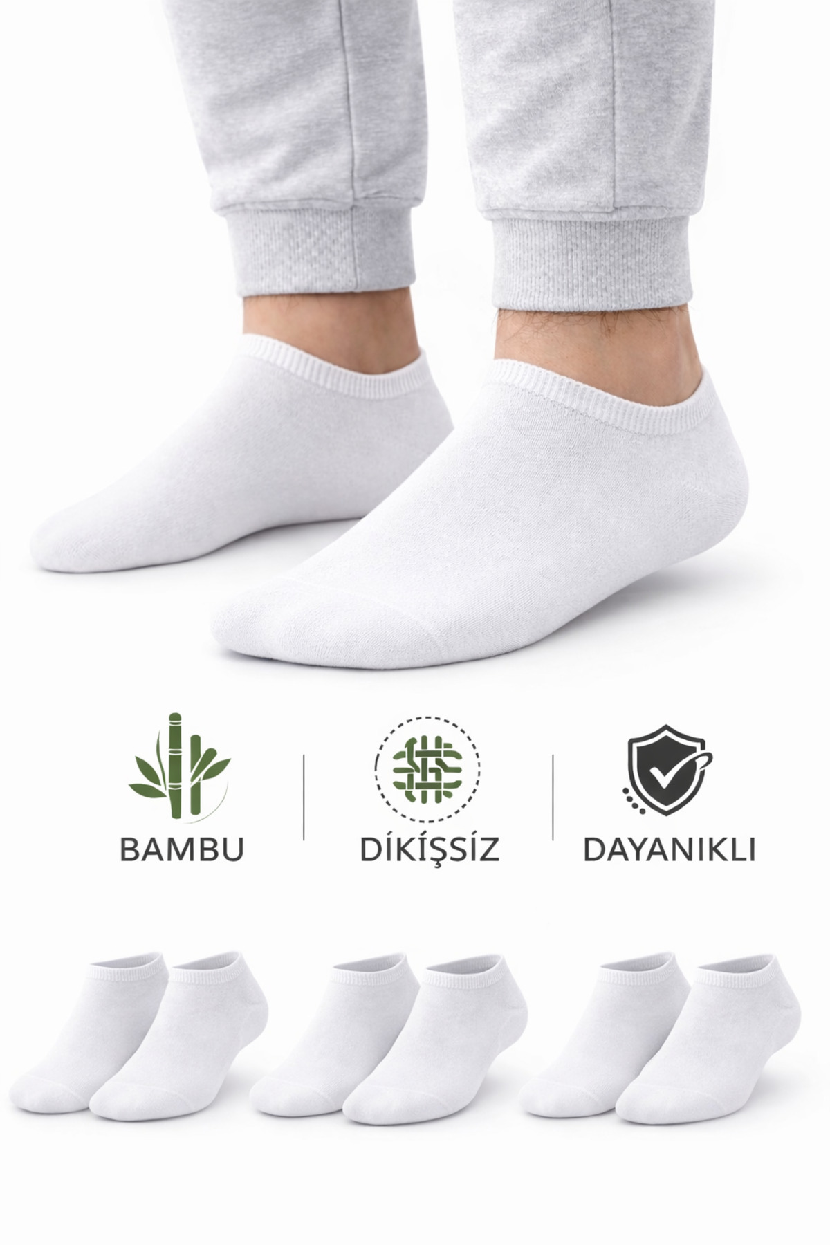 Erkek Bambu Dikişsiz Sneaker Çorap Dayanıklı 3 Çift Terletmez Günlük Beyaz