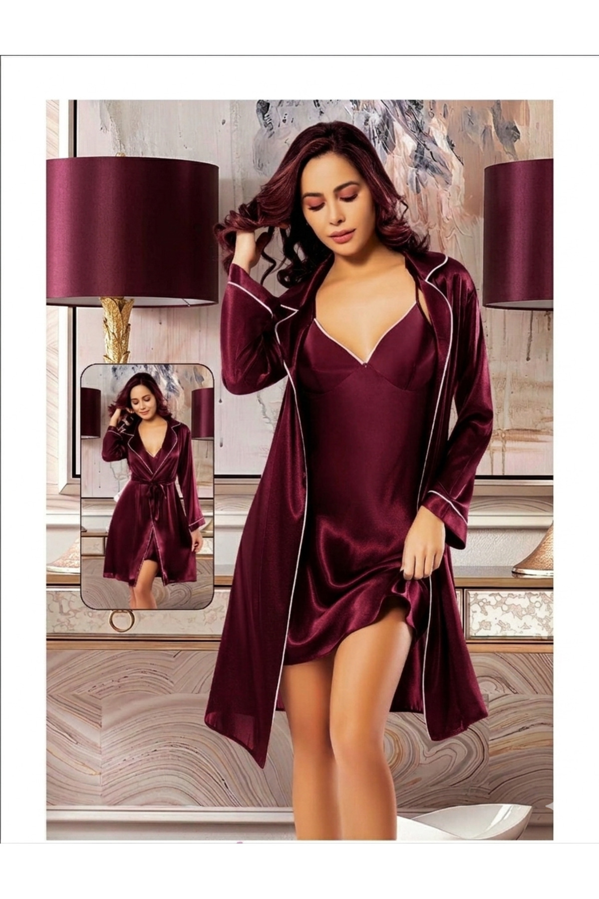 hediye İpek saten 2li gecelik sabahlık takımı