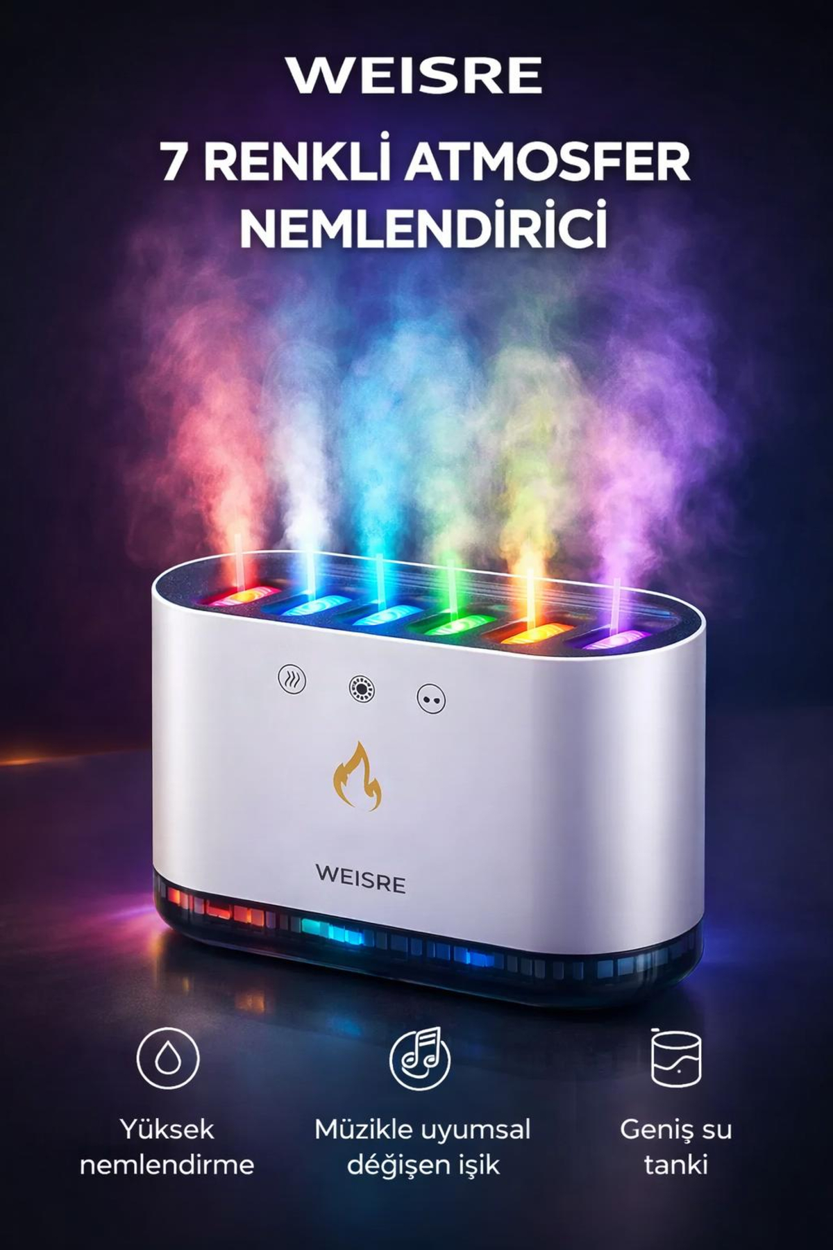 RGB Illuminated Sound Sensitive Ultrasonic Air Humidifier 900 mL Large Water Tank Office Room Humidifier