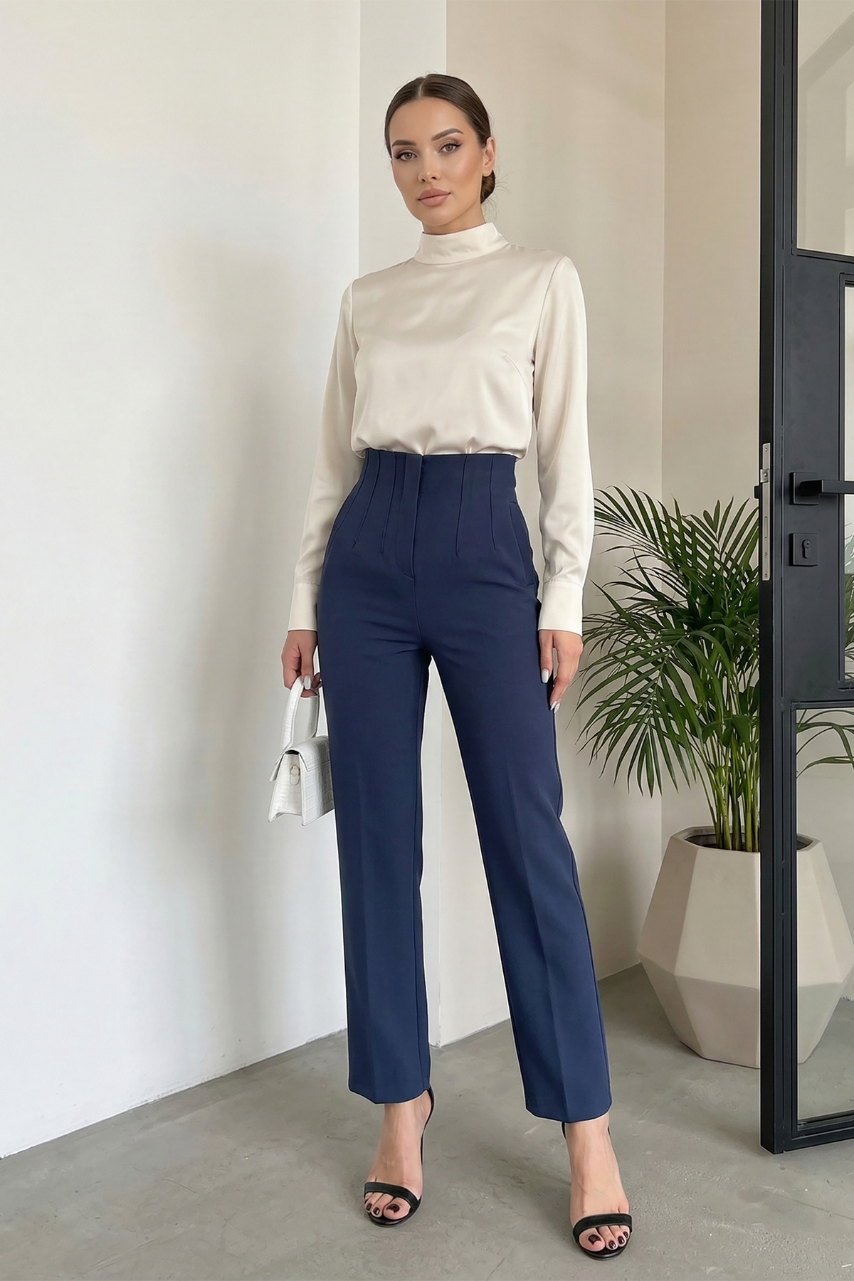 High Waist Thin Pliers Navy Blue Fabric Pants