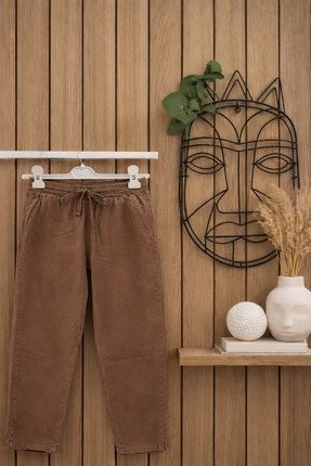 Myzen Kadın Kahverengi Beli Lastikli Bağcıklı Paça püsküllü Gabardin pantolon