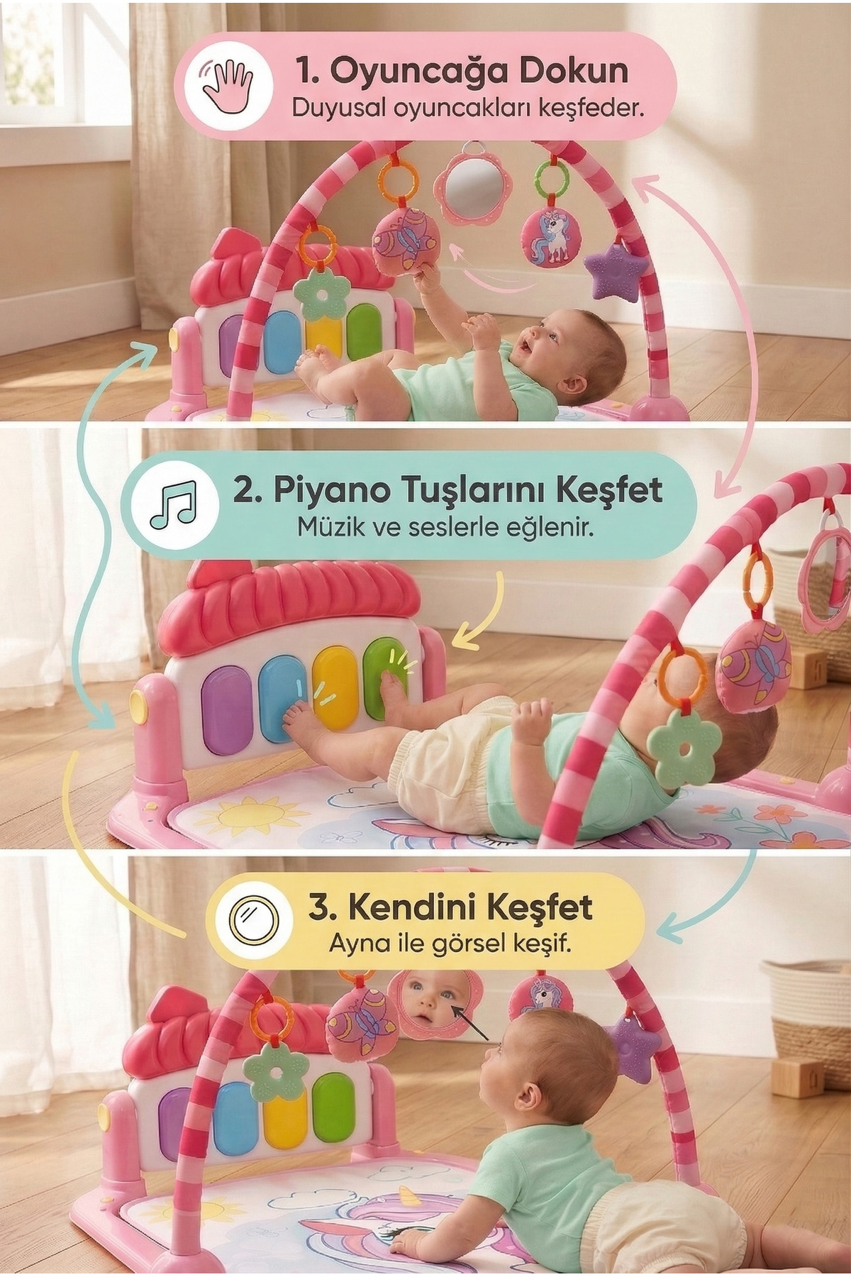DENAPCAL Trendigon 0-6 Ay Oyuncak Piyanolu Bebek Oyun Halısı – Aynalı Müzikli Unicorn Gelişim Matı 0-12 Ay fotoğrafı 3 (önizleme)
