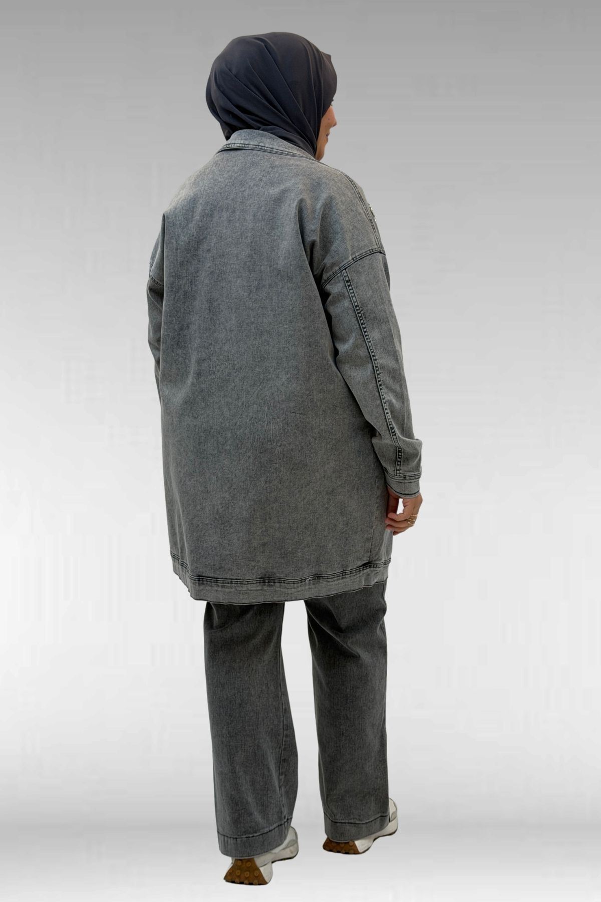 Eslina  53022 Büyük Beden Yıldız İnci Çakma Detaylı Kot Ceket - Antrasit - Görsel 6