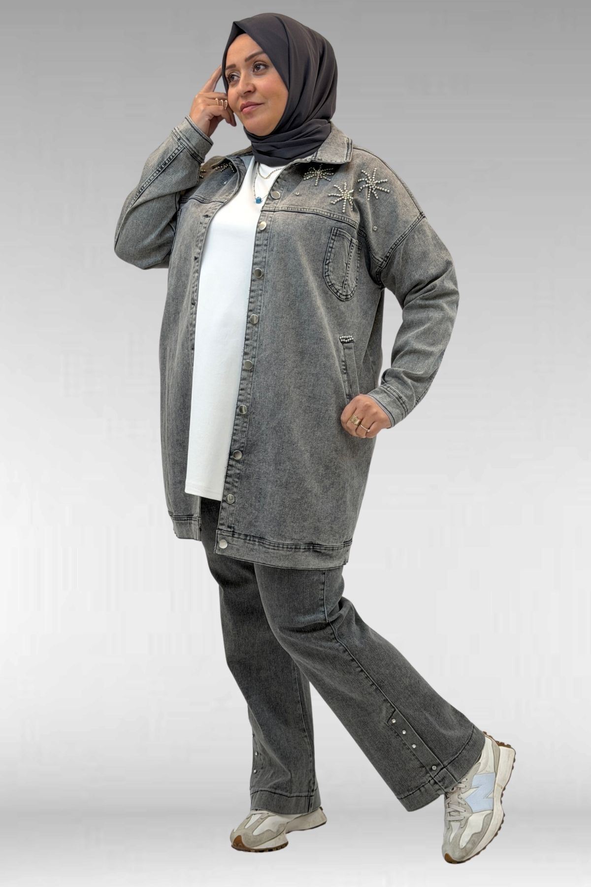 Eslina  53022 Büyük Beden Yıldız İnci Çakma Detaylı Kot Ceket - Antrasit