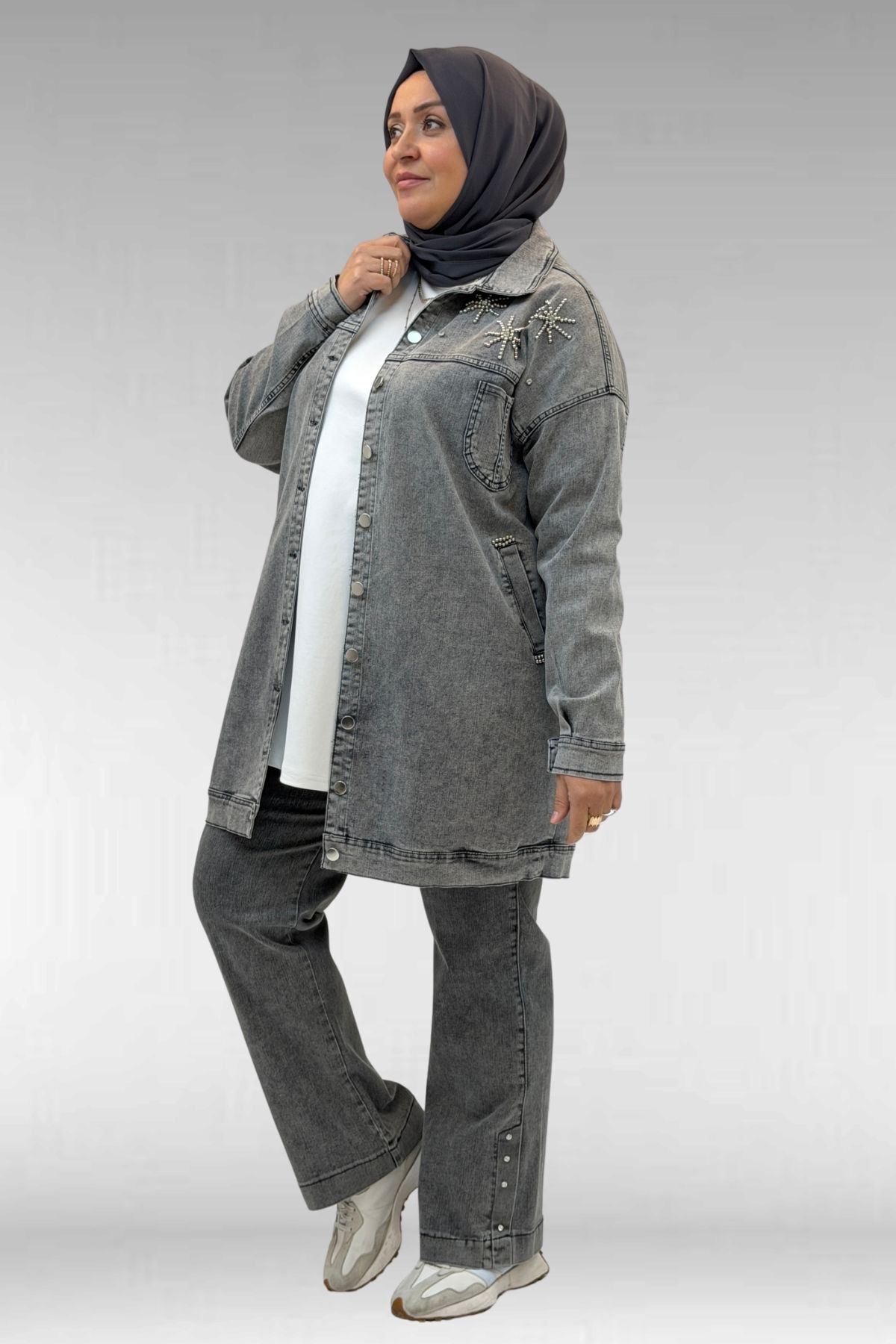 Eslina  53022 Büyük Beden Yıldız İnci Çakma Detaylı Kot Ceket - Antrasit - Görsel 5
