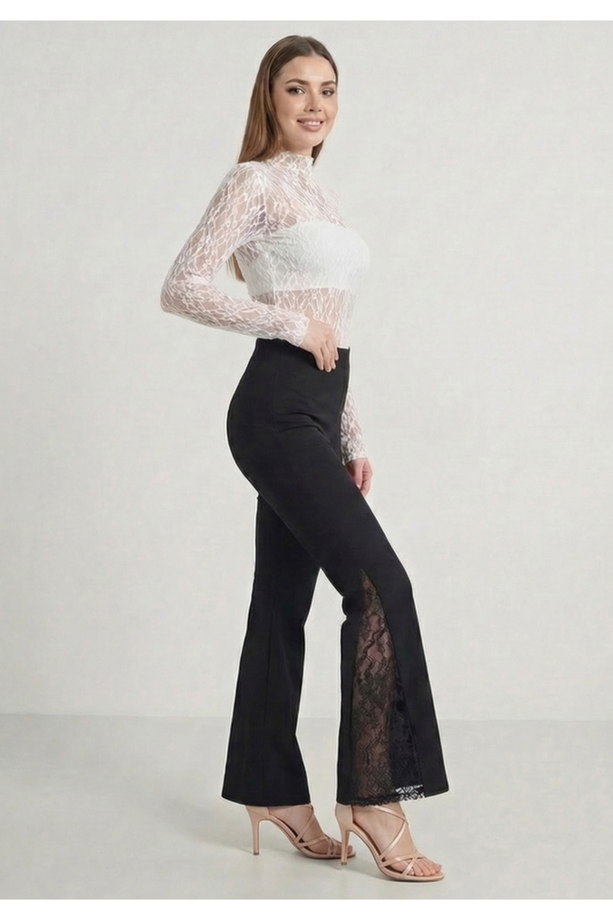 Little Visqon  Yüksek Bel İspanyol Paça Dantel Detaylı Scuba Kumaş Siyah Tayt Pantolon - Görsel 3