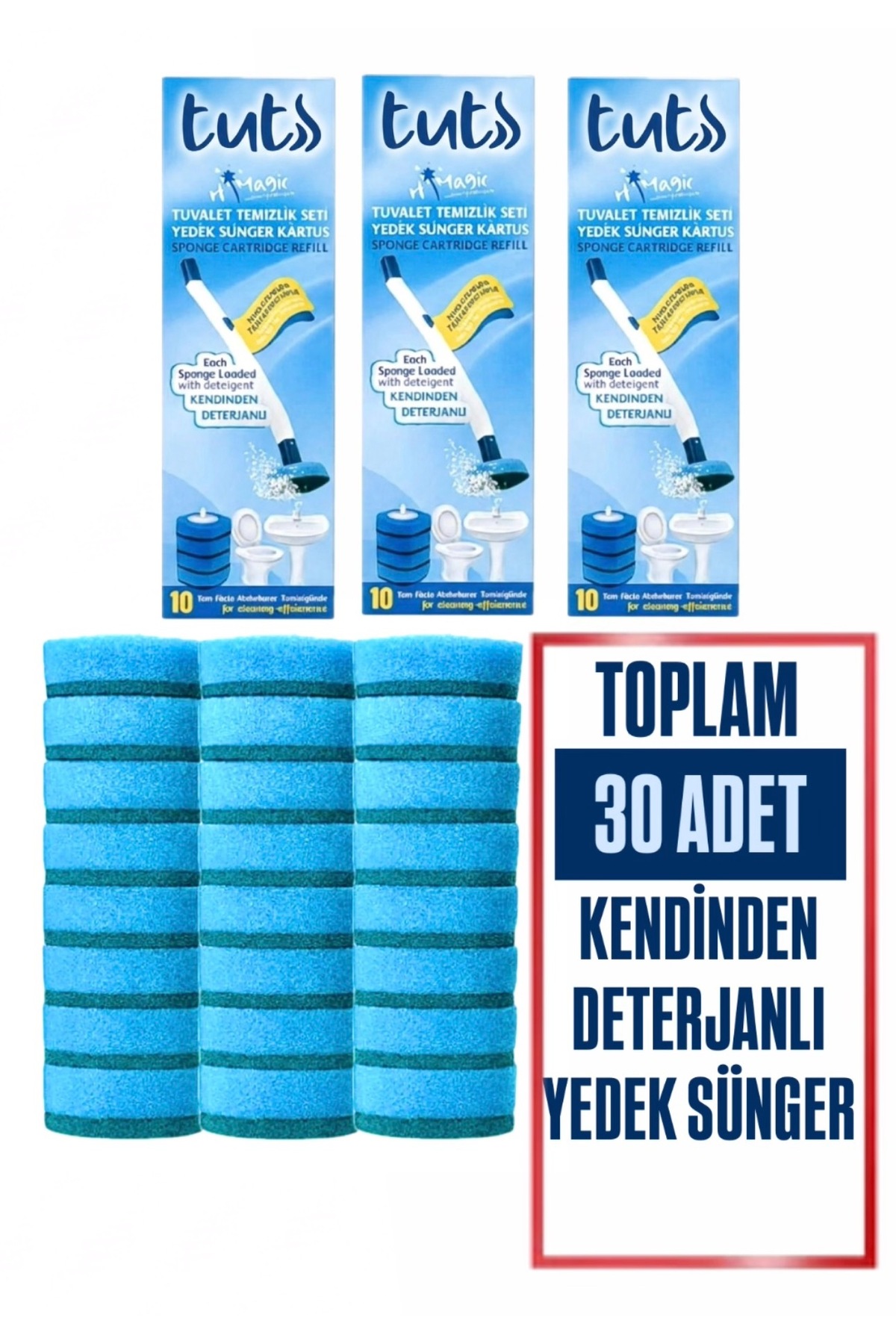 ゆじ　フローレスフィット FR30＋専用スポンジ（2セット） tutss Kendinden Deterjanlı Tuvalet Fırçası Yedek Süngeri 30'lu